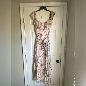 Long Pleated Flowy Dress Light Pink Floral with Self Tie Belt at Waist